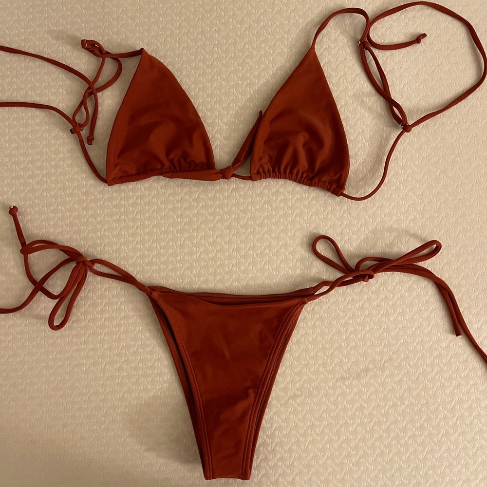 Deep Orange strappy bikini with bow
